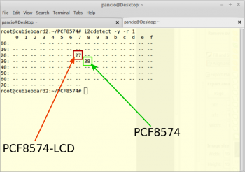 Dwa PCF8574 wykryte przez Cubieboard 2